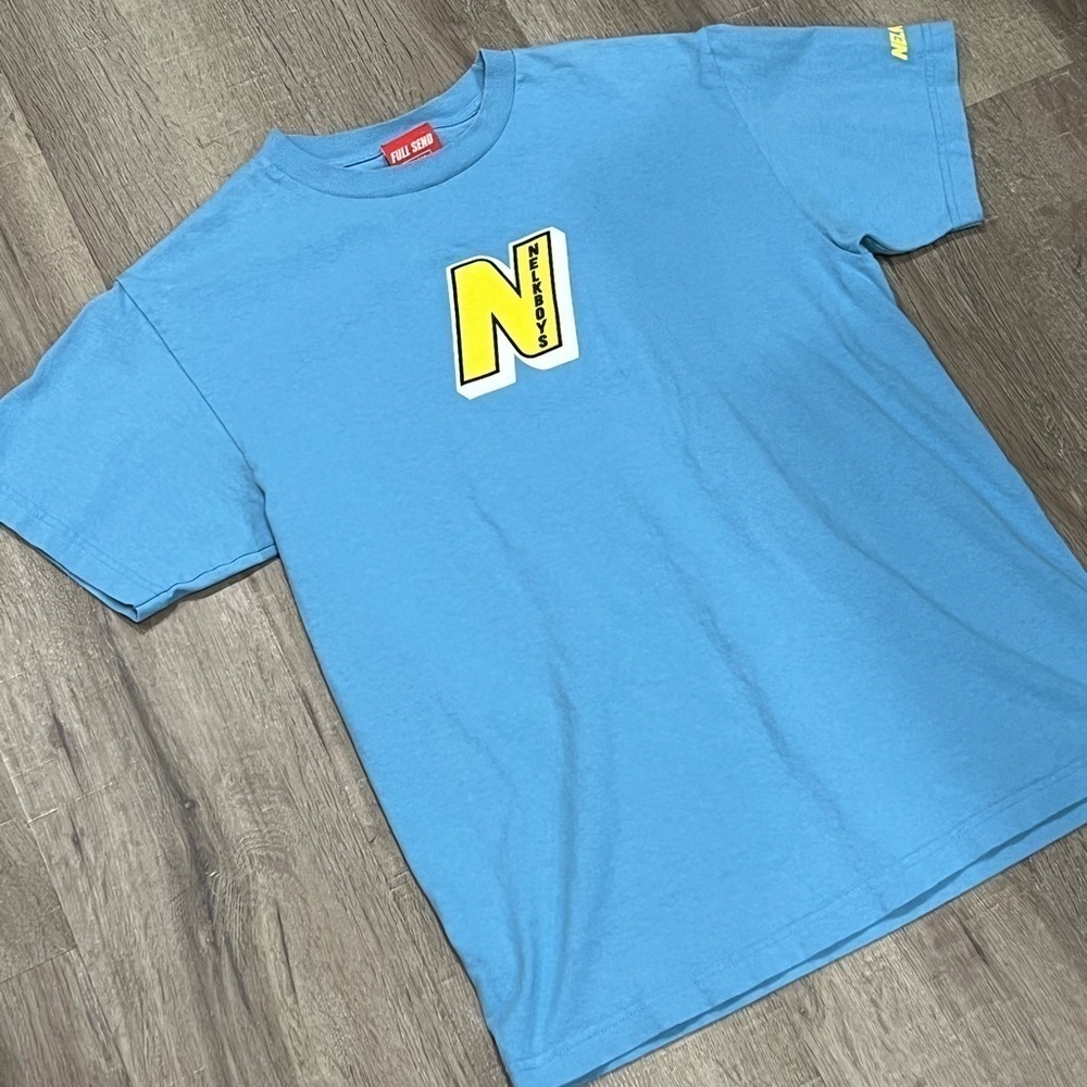 Men’s Medium Full Send NELK BOYS Light Blue Logo Short Sleeve T-Shirt